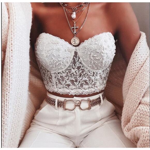 Windsor Tops - White Hand Beaded Corset Bustier Top Bra Sleeveless Size L Lace Festival Western